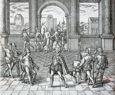 Le roi inca Atahualpa capturé par les Espagnols à Cajamarca, Illustration de l