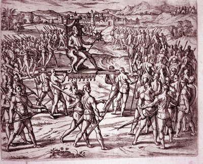 Le roi inca, Atahualpa (ou Atabaliba), tenant un sceptre en forme de soleil, est porté sur une litière pour rencontrer Francisco Pizarro (Gravure) - Theodore de Bry