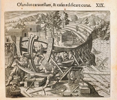 Les Espagnols construisant leur premier navire dans le Nouveau Monde, gravure de Theodor de Bry d