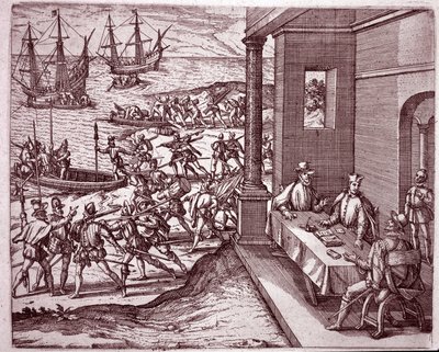 Les conquistadors espagnols Francisco Pizarro, Diego de Almagro et Hernando de Luque unissent leurs forces pour conquérir le Pérou. Gravure - Theodore de Bry