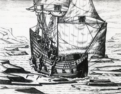 Navire de William Barents lors de la troisième expédition néerlandaise à la recherche du Passage du Nord-Est, par Theodor de Bry, gravure - Theodore de Bry
