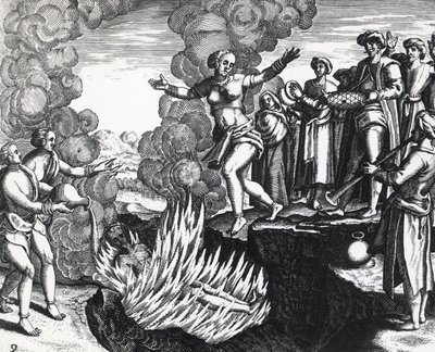 Femme se jetant sur le bûcher de son mari, par Theodor de Bry (1528-1598), gravure - Theodore de Bry