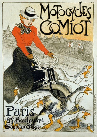 Affiche publicitaire pour les motocyclettes Comiot. Une jeune femme sur une mobylette roule parmi un groupe d