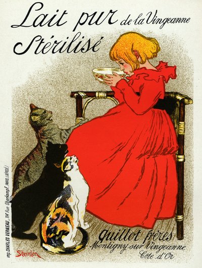 Alimentation et boissons. Lait de Vingeanne. Petite fille avec des chats. Affiche par Steinlen, France, vers 1890 - Théophile Alexandre Steinlen