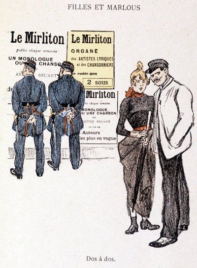 Fille et Marlou : un souteneur et une prostituée derrière deux policiers. Dans « En Vie » par Steinlen - Théophile Alexandre Steinlen