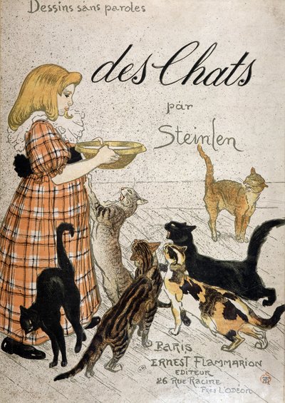 Fille apportant un bol de lait aux chats - couverture « Chats » par Steinlen, 19e siècle - Théophile Alexandre Steinlen