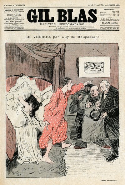 Illustration par Steinlen de la nouvelle de Guy de Maupassant « La serrure ». Couple illégitime surpris en plein ébat amoureux - Adultère, surprise. Couverture de Gil Blas No. 4, 22 janvier. - Théophile Alexandre Steinlen
