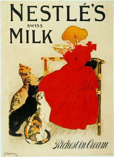 Publicité Nestlé : « Le lait suisse de Nestlé ». Une fille boit un bol de lait devant des chats envieux. Affiche de Théophile Alexandre Steinlen (1859 - 1923), XXe siècle. Paris, Arts décoratifs. - Théophile Alexandre Steinlen