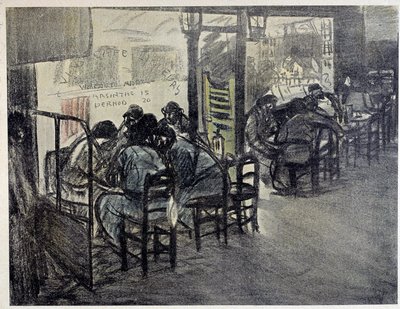 Sur la terrasse du café (Sur la vitrine est écrit « Absinthe 15 », « Pernod 20 ») - Théophile Alexandre Steinlen