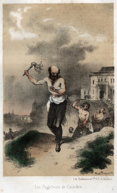 Les flagellants de Coimbre : les Jésuites de Coimbra au Portugal font pénitence pour leurs péchés en public en se flagellant vers 1560. Gravure de 1845 dans "L