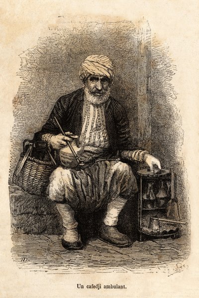 Un vendeur de café (cafedji) en voyage, dans le bazar de Trébizonde, gravure d
