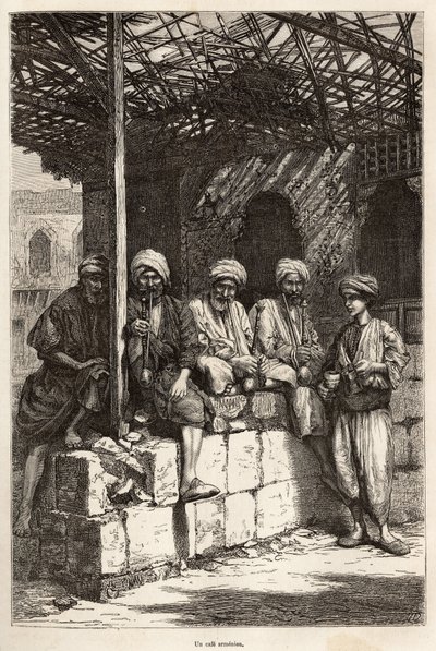 Un café arménien, lieu de convivialité masculine pour boire du café et fumer la pipe (illustration du voyage en Lazistan et Arménie, par Théophile Deyrolles, 1869, publié dans "Le tour du monde" 1875) - Theophile Louis Deyrolle