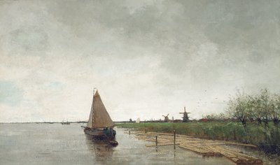 Paysage fluvial avec des navires, une ville au-delà - Theophile de Bock