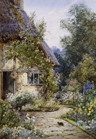 Un jardin de cottage avec un chat au premier plan; et une bordure de cottage en été - Theresa Sylvester Stannard