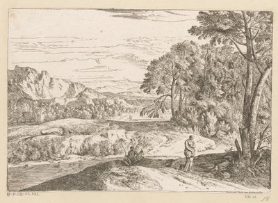 Arcadisch landschap met een een visser bij een beek - Théodore