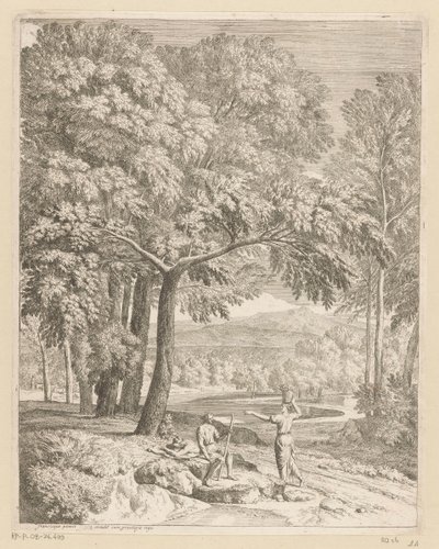 Paysage arcadien avec deux hommes et une femme portant un panier - Théodore