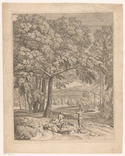 Paysage arcadien avec deux hommes et une femme portant un panier - Théodore