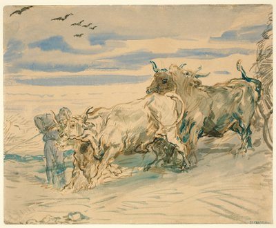 Conducteur avec des bœufs tirant une charrette - Théodore Chassériau