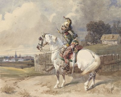 Dragon français sur un cheval blanc, tourné à gauche, en profil - Théodore Fort (signed by artist)