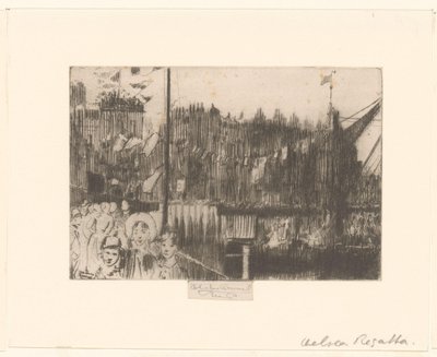 Vue de la ville avec des figures sur un quai décoré de drapeaux - Théodore Roussel (signed by artist)