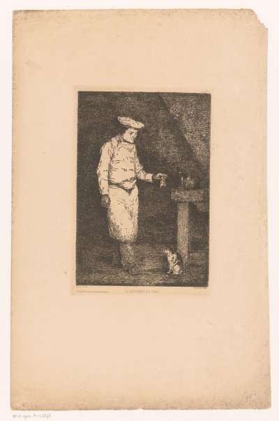 Intérieur sombre avec un cuisinier tenant un morceau de viande pour un chat - Théodule Augustin Ribot