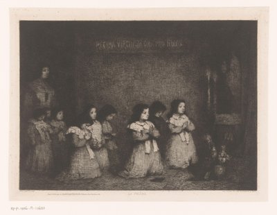 Groupe de filles en prière devant une statue de Marie (La Prière) (Eaux-Fortes Modernes: Originales et Inédites) - Théodule Augustin Ribot