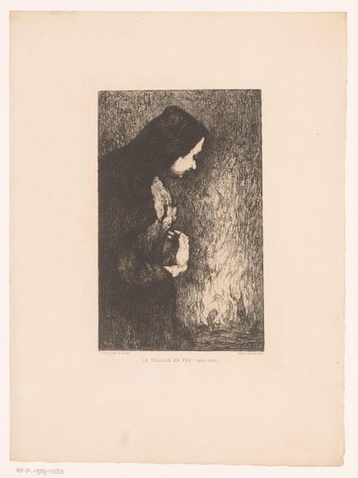 Femme debout regardant un village en feu - Théodule Augustin Ribot