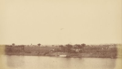 Rives du Nil avec palmiers et bateau - Théodule Devéria