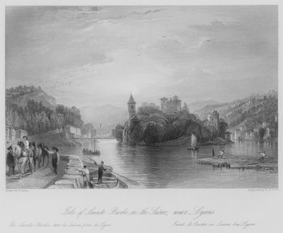 Île de Sainte Barbe sur la Saône, près de Lyon (gravure) - Thomas (after) Allom
