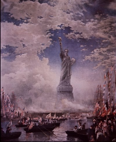 Inauguration de la Statue de la Liberté dans le port de New York, le 28 octobre 1886 (lithographie en couleur) - Thomas (after) Moran