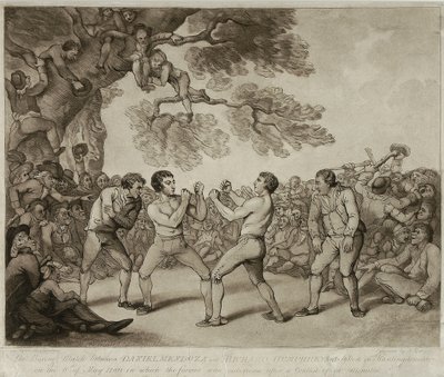 Le match de boxe entre Daniel Mendoza et Richard Humphreys à Stilton, Huntingdonshire, 6 mai 1789, gravé par Joseph Grozer - Thomas (after) Rowlandson