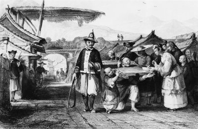 Punition avec tcha ou cangue (joug ou pilori en bois), gravure de Thomas Allom de l