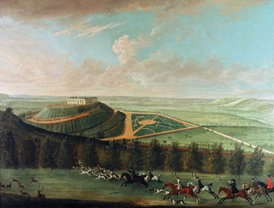 Vue du château de Belvoir depuis le sud-ouest, avec la chasse de Belvoir en pleine course, 1730 - Thomas Badeslade