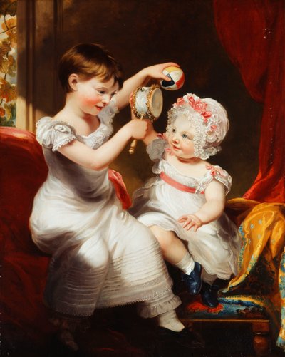 Deux sœurs, assises en pied dans un intérieur, jouant - Thomas Barber