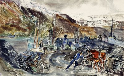 Chariot de charbon local et chalutiers, Seydisfjordur, Islande - Thomas Barclay Hennell