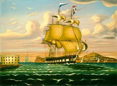 Navire postal passant Castle Williams, port de New York, milieu du 19e siècle - Thomas Chambers