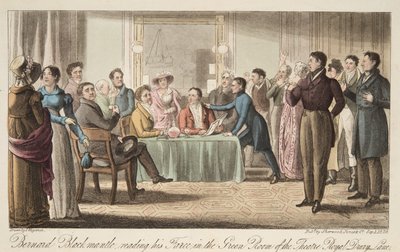 Bernard Blackmantle lisant sa farce dans la Green Room du Covent Garden Theatre, de The English Spy - Thomas Charles Wageman