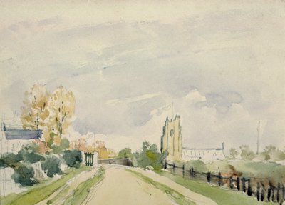 Paysage du Suffolk, une large route avec une petite maison, une église et des arbres - Thomas Churchyard