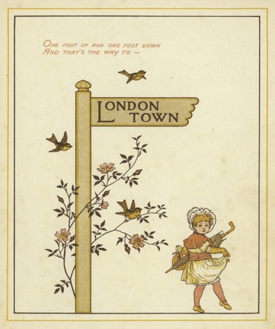 Un panneau indique la direction de Londres avec une jeune fille marchant dans cette direction - Thomas Crane