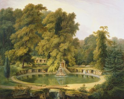 Temple, fontaine et grotte dans le parc de Sezincote - Thomas Daniell