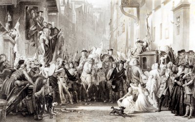 Le prince Charles Edward (1720-88) et les Highlanders entrant à Édimbourg après la bataille de Preston, 21 septembre 1745 - Thomas Duncan
