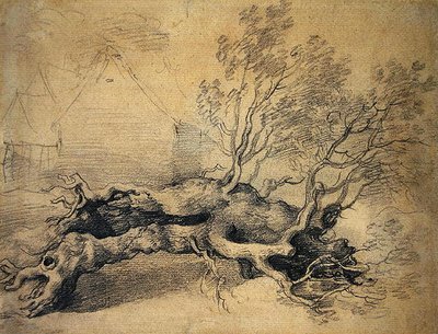 Un arbre tombé avec des bâtiments de ferme au-delà - Thomas Gainsborough