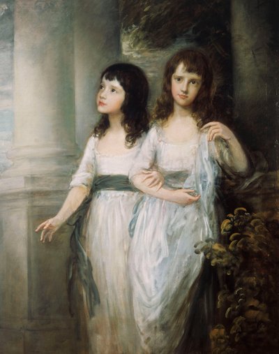 Portrait de groupe des demoiselles Sloper, toutes deux debout presque en longueur totale en robes blanches avec des ceintures bleues - Thomas Gainsborough
