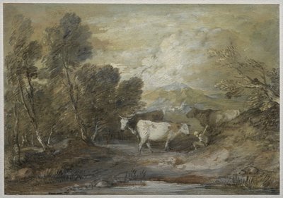 Un berger avec trois vaches près d