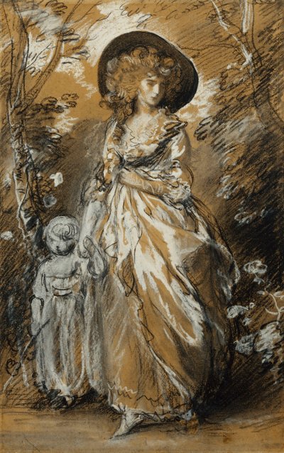 Une dame marchant dans un jardin, debout en pleine longueur et tenant son petit enfant par la main; peut-être une étude pour The Richmond Water-Walk - Thomas Gainsborough