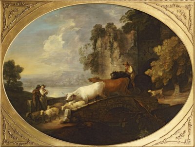 Paysage fluvial avec des amoureux rustiques, un berger à cheval conduisant du bétail et des moutons sur un pont avec un château en ruine au-delà - Thomas Gainsborough