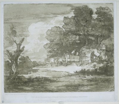 Paysage avec une charrette tirée par des chevaux le long d