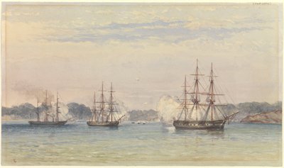 La guerre de Chine 1857, trois navires de Sa Majesté bombardant et des bateaux à terre - Thomas Goldsworth Dutton