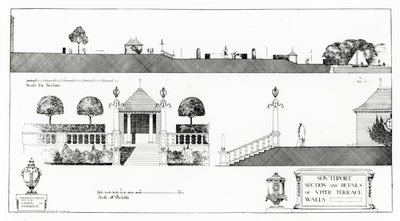 Southport : Section et détails de la terrasse supérieure et des murs, de 