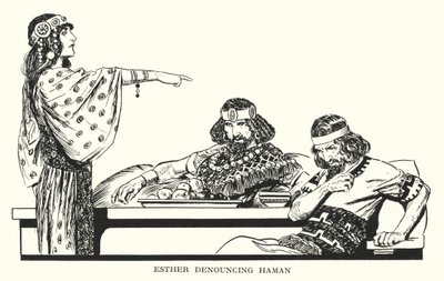 Esther dénonçant Haman (litho) - Thomas Heath Robinson